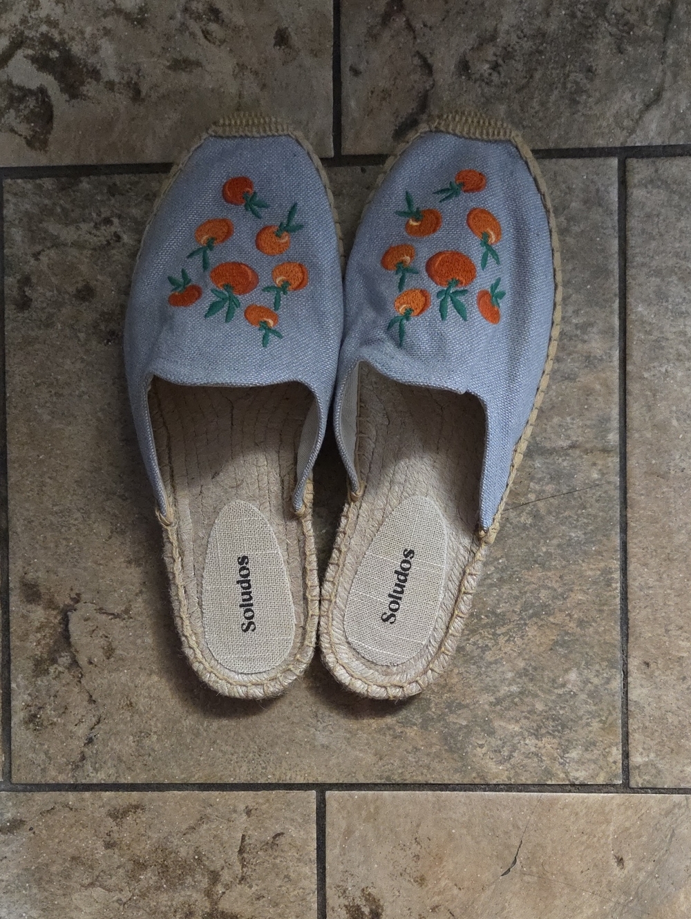 Soludos Pale Blue Canvas Espadrille Slip-Ons with Orange Embroidery